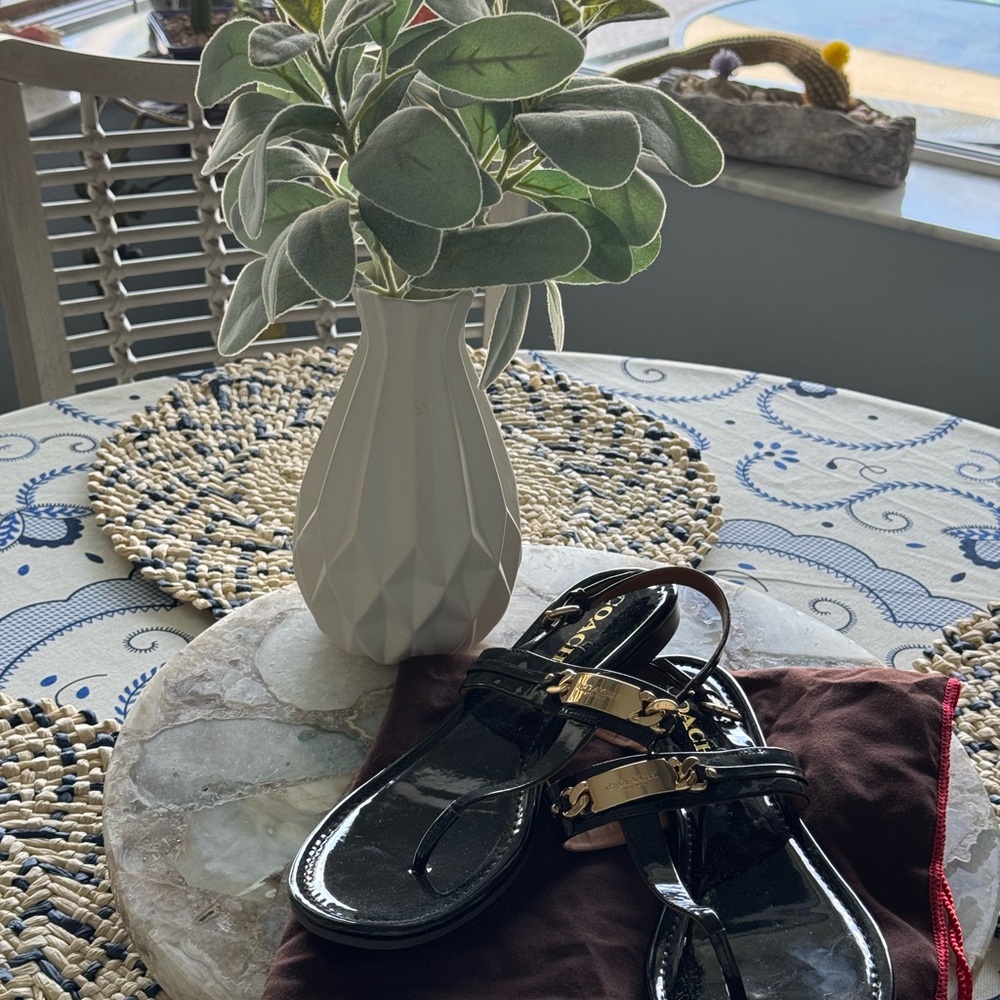 Coach black patent leather sandals